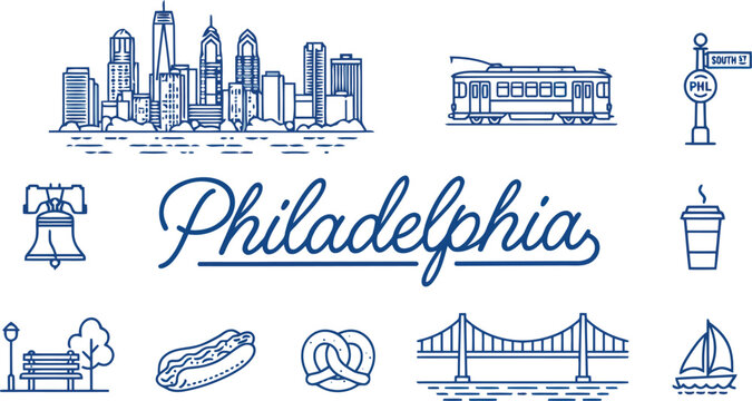 Philadelphia skyline and landmark illustration set vector graphics