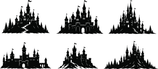 Set of black castle silhouettes on white background © Graphiqomas