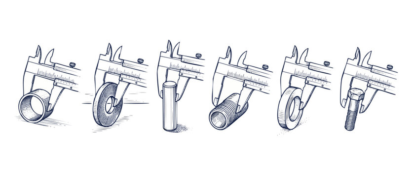 Caliper measuring tool blueprint illustration showing vintage vernier calipers measuring bolt ring tube and metal cylinder hardware components in line art style for engineering and technical design.