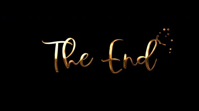 Elegant golden script text 'The End' sparkling with luxurious glitter on a deep black background, symbolizing a grand finale or successful conclusion
