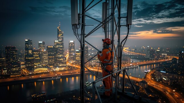 A worker in safety gear inspects a telecom tower at dusk, overlooking a brightly lit cityscape with bridges and skyscrapers.