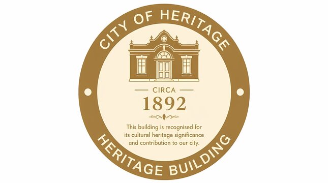 Heritage Building emblem with classical architecture illustration from 1892, signifying cultural importance and historical preservation for city identity design.