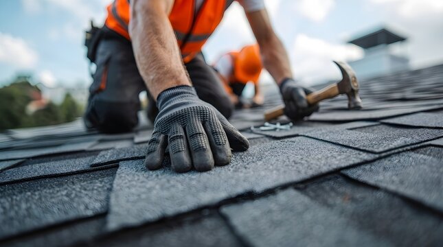 Close-up of a roofer's hand installing gray shingles on a roof with a hammer, wearing gloves and an orange vest outdoors