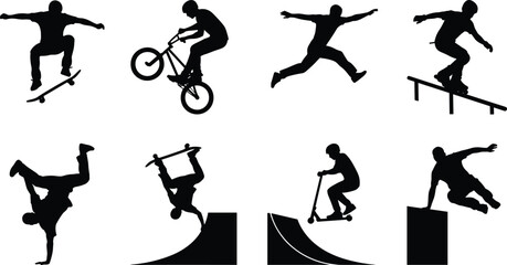 Obraz premium Extreme Sports Silhouette Collection with Skateboard BMX Scooter and Parkour Athlete Vector Set