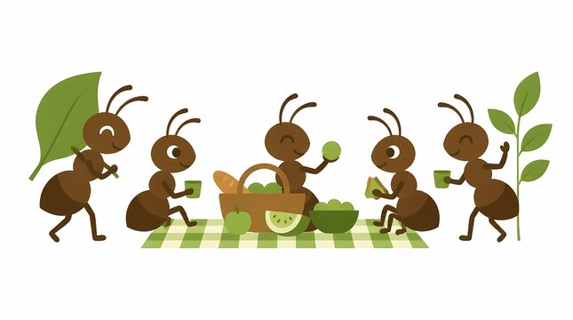 Cheerful cartoon ants enjoying a delightful outdoor picnic on a checkered blanket, gathering and sharing fresh fruit, bread, and drinks in a friendly summer illustration.