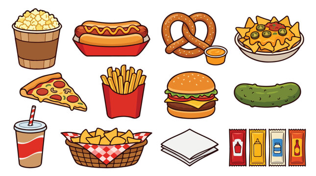 Fast food collection features an assortment of classic snacks like burgers, hot dogs, pizza, fries, and nachos arranged neatly for a menu display.
