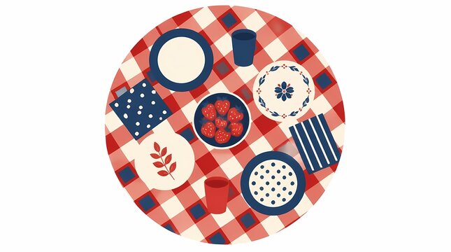 Picnic table illustration with red and white checkered tablecloth, patterned plates, blue glasses, and fresh strawberries for summer outdoor dining.