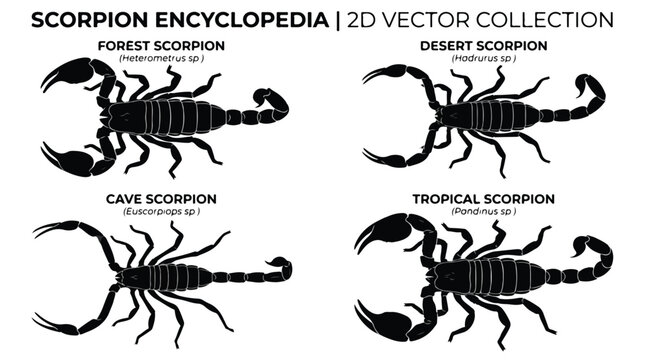 Scorpion encyclopedia presents a detailed two-dimensional vector collection illustrating four distinct species including forest, desert, cave, and tropical scorpions.