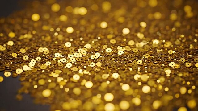 A close up view of many small shiny gold sequins scattered
