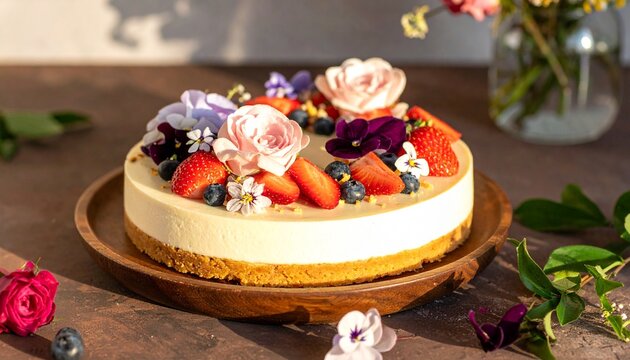 Colorful fruit topped cake on white plate with berries.