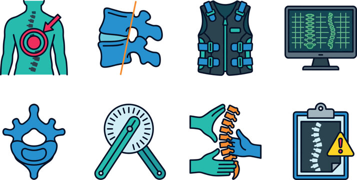 Scoliosis treatment spinal correction vector set with spine anatomy brace goniometer xray monitor isolated on transparent background