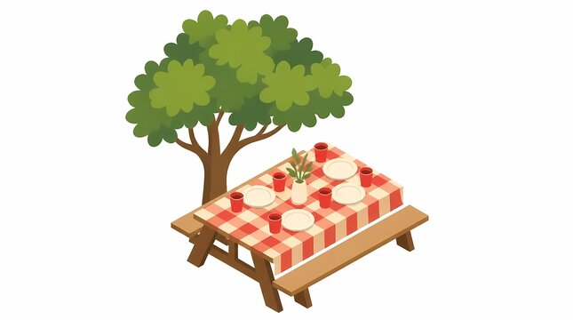 Outdoor picnic table setup under a tree, featuring a red checkered tablecloth, plates, and cups in an isometric vector illustration, ready for summer leisure.