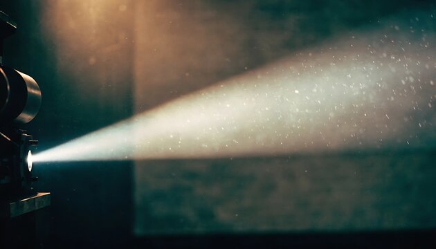Old movie projector projecting light beam in dark theater with projector projection cinematic