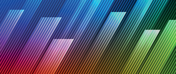 Fototapeta premium Colorful gradient abstract background with overlapping geometric layers and glowing diagonal lines. Modern design with futuristic line elements for cover, banner, website, social media. EPS. 2