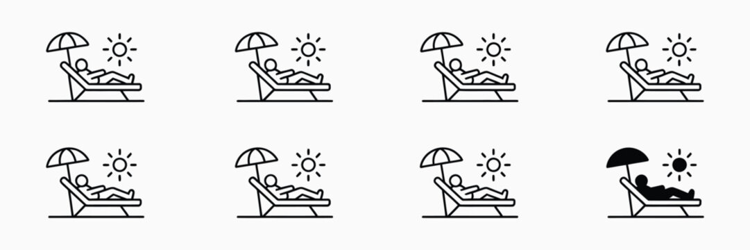 Sunbathing Icon Featuring Person on Beach Chair, Summer Vacation, Poolside Relaxation, and Editable Vector Illustration.