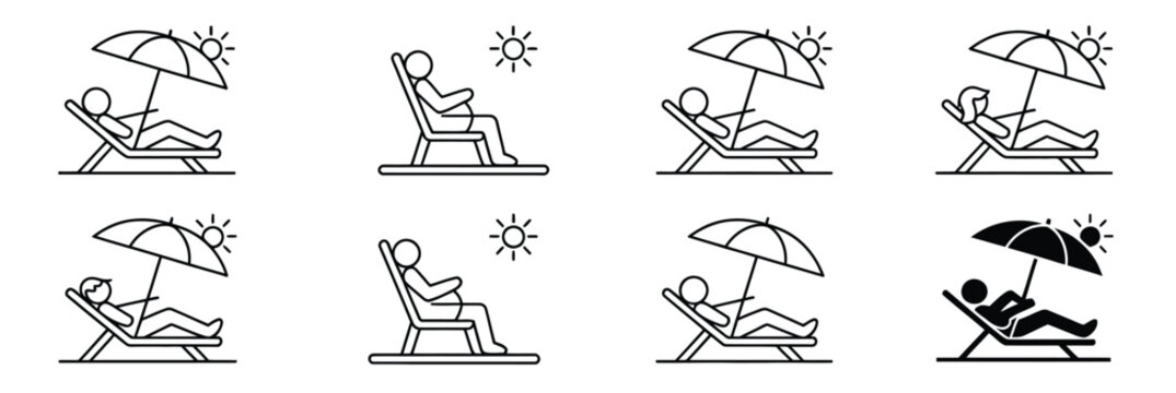 Sunbathing Icon with Beach Chair, Sun Tanning, Holiday Leisure, Resort Relaxation, and Editable Vector Illustration.