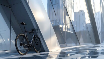 Fototapeta premium Urban bicycle parked against modern glass building.