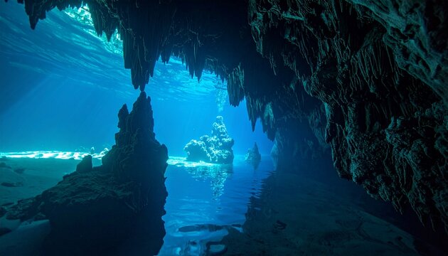 Mystical underwater cave with ethereal blue light beams.