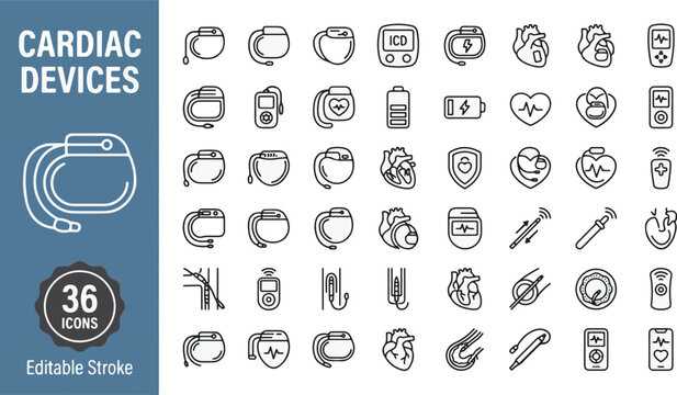 Cardiac devices line icon set with pacemaker, ICD, heart stent, medical cardiology pulse monitoring, catheter, defibrillator, surgery, and cardiovascular healthcare vector editable stroke thin icons.
