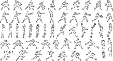 Collection of hand drawn basketball player line art icons in various dynamic action poses and movements © MdDulal