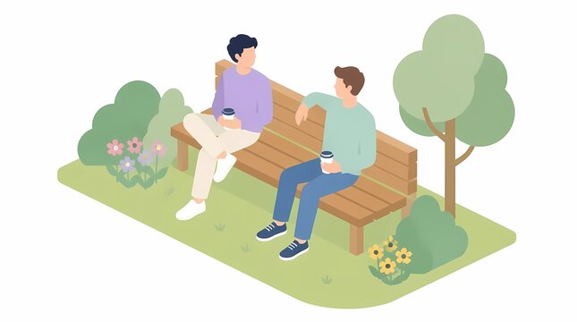 Two men talking and relaxing on a wooden park bench outdoors, drinking coffee amidst green nature in a modern flat design isometric illustration.