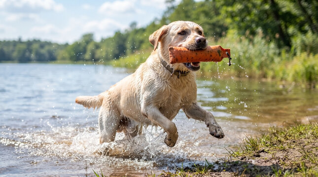Energetic labrador retriever running in water with toy in mouth, splashing droplets in sunny outdoor lake setting. Happy labrador retriever enjoys playful moments at the lake,