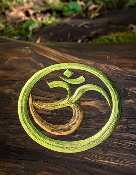 Weathered Green Om Symbol Resting on Rustic Wooden Surface Outdoors