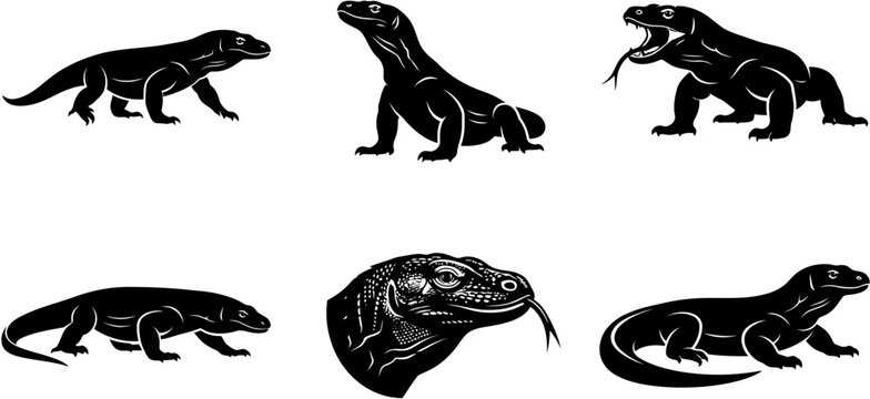 Komodo Dragon Silhouette Icon Set, Monitor Lizard Black Shape Illustration Collection Isolated on White Background