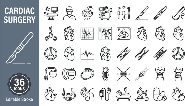 Cardiac surgery line icon set with heart anatomy, ECG monitor, stent, pacemaker, aorta, heart valves, surgeon, scalpel, and medical equipment for cardiology diagnosis and professional treatment.