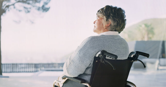 Thinking, retirement and woman in wheelchair outdoor with recovery hope, contemplating and vision. Memory, elderly and person with disability, reflection and perspective in rehabilitation with space