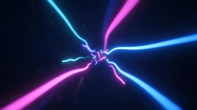 Vibrant pink and blue neon lights intersect in a dynamic abstract pattern