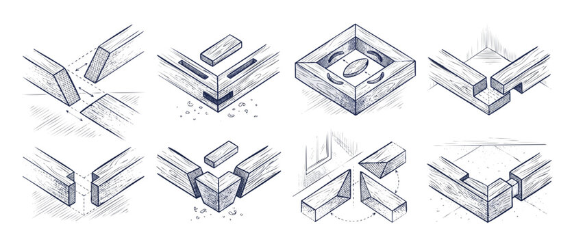 Wood Joinery Types Diagram Sketch of carpentry woodworking joints illustrating mortise tenon miter lap and dowel connection methods in clean isometric technical drawing style for makers