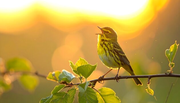 Golden Striped Songbird Singing on Leafy Branch at Sunset