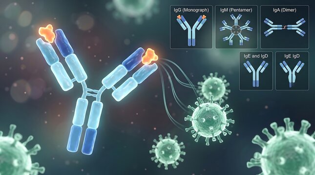 Antibody protein binding to a virus cell illustration