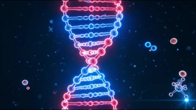 Glowing Red and Blue DNA Double Helix with Blood Cells and Molecules in Dark Background Video 5s 4k