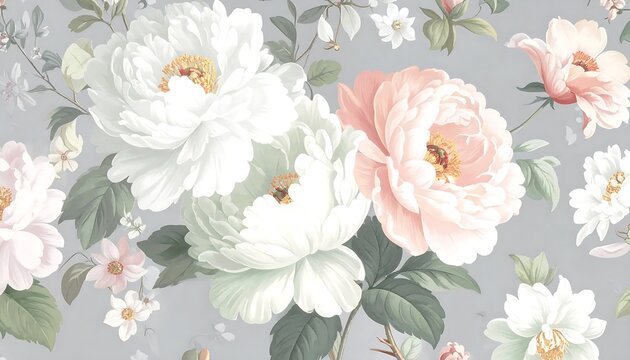 Soft Pastel Peony Blossoms Arranged in Elegant Floral Pattern on Gray Background