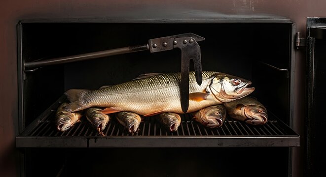 Whole Fresh Fish Arranged on Grill Rack Inside Dark Metal Smoker