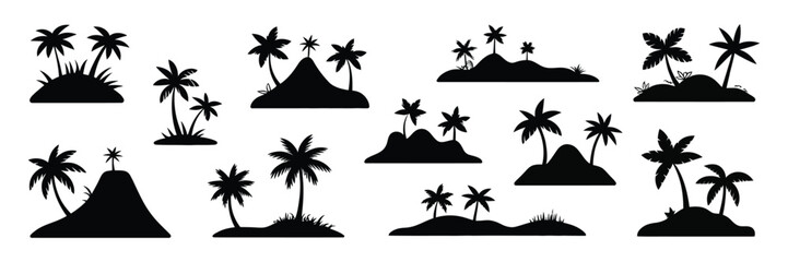 Tropical Island Icon Featuring Palm Trees, Mountain Silhouettes, Coastline Landscapes, Nature Scenes, and Editable Vector Illustration. © RIFAT03