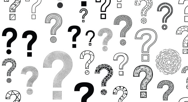 Black and white pattern of various question marks in different artistic styles and sizes representing curiosity and doubt.
