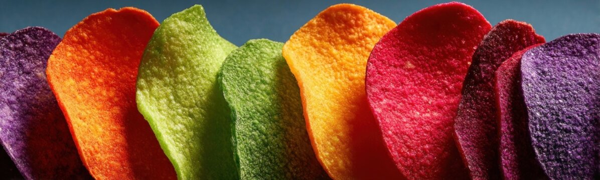 Brightly colored chips are arranged in a row on a table food background banner