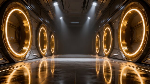 Futuristic corridor with glowing rings