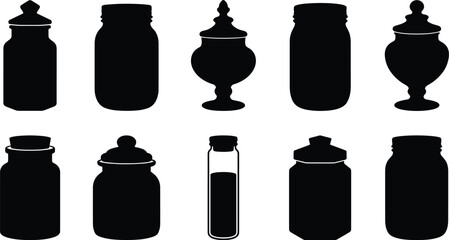 Eight black silhouettes of various jars and containers are displayed. © Sakila