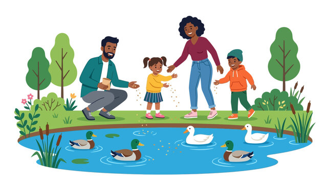 Family enjoying outdoor time near pond