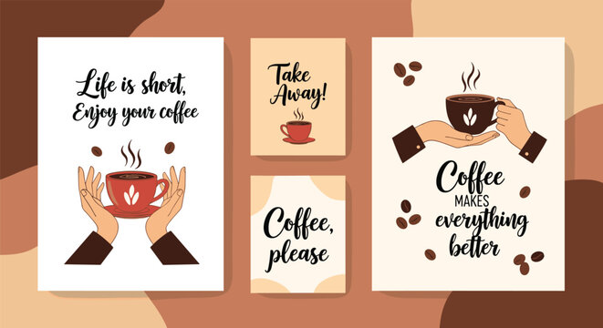 Creative set of coffee posters and cards featuring hands holding cups, coffee beans, and inspiring caffeine quotes.