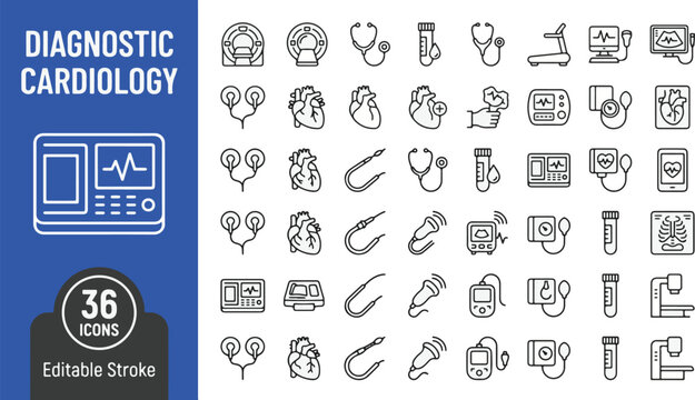 Cardiology line icon set featuring heart health, ECG monitor, ultrasound, MRI scanner, blood pressure, treadmill stress test, stent, aorta, holter monitor, pulse