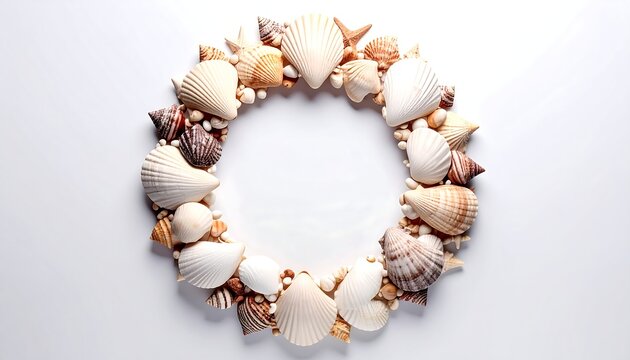 Delicate Seashell Wreath Arranged in Circular Frame on White Background