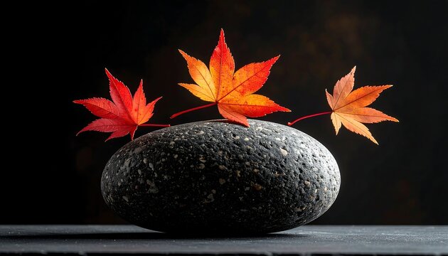 Vibrant Autumn Maple Leaves Resting on Smooth Black Stone Against Dark Background
