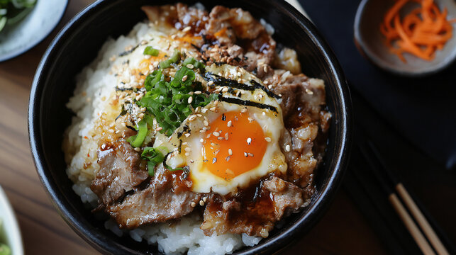 Savory rice bowl topped with tender beef slices a perfectly cooked sunny side up egg and fresh