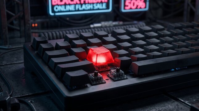 Gaming mechanical keyboard with glowing red switch during a black friday online sale