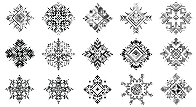 Ethnic tribal pattern collection featuring various black and white geometric symbols and mandalas for tattoo textile or decor design.